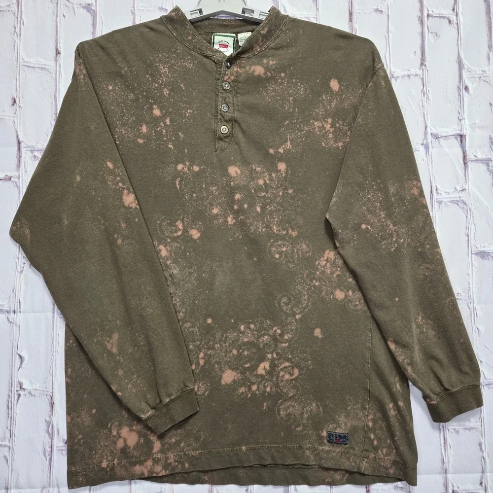 Vintage Levis Strauss Mens Brown Bleach Wash Henley Long Sleeve Shirt Large L